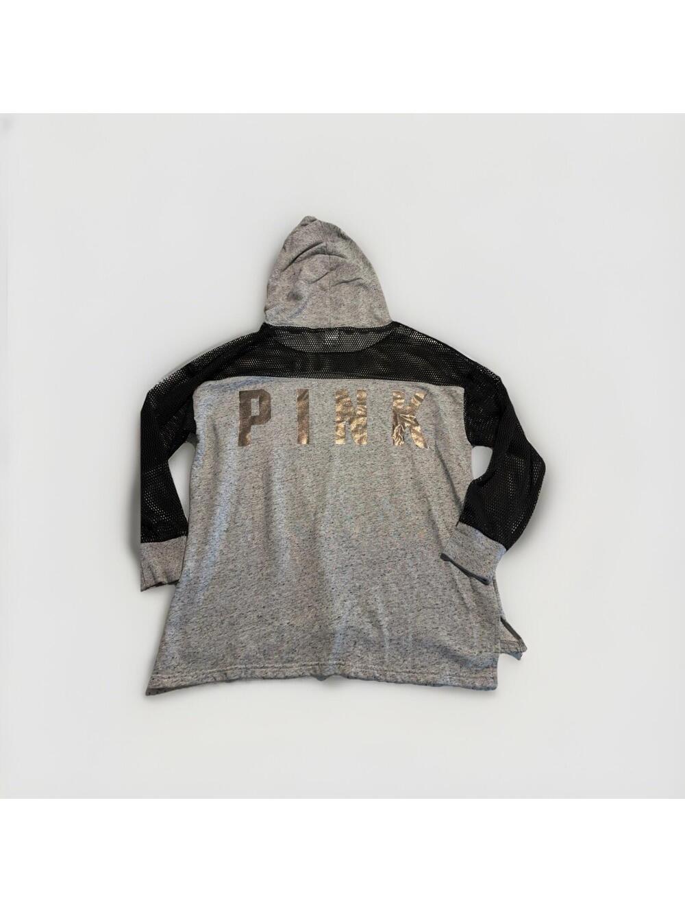 VS PINK FISHNET MESH COLORBLOCK GRAY BLACK HOODIE SWEATSHIRT GOLD SHINE LOGO L